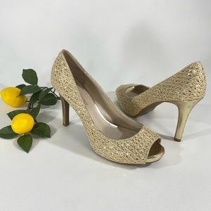 Gold Shimmer Peep Toe Heels 10 Audrey Brooke 4" Heel Glitter Shiny Metallic